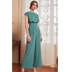 Shein Teal Pleated Jumpsuit Size Small Wide-Leg